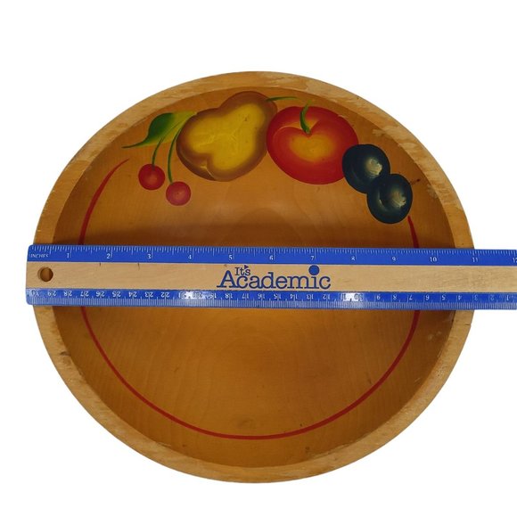 Vintage Wooden Salad Bowl Utensils Cherries Pear Apple Plums Hand Painted Oval - Picture 10 of 11